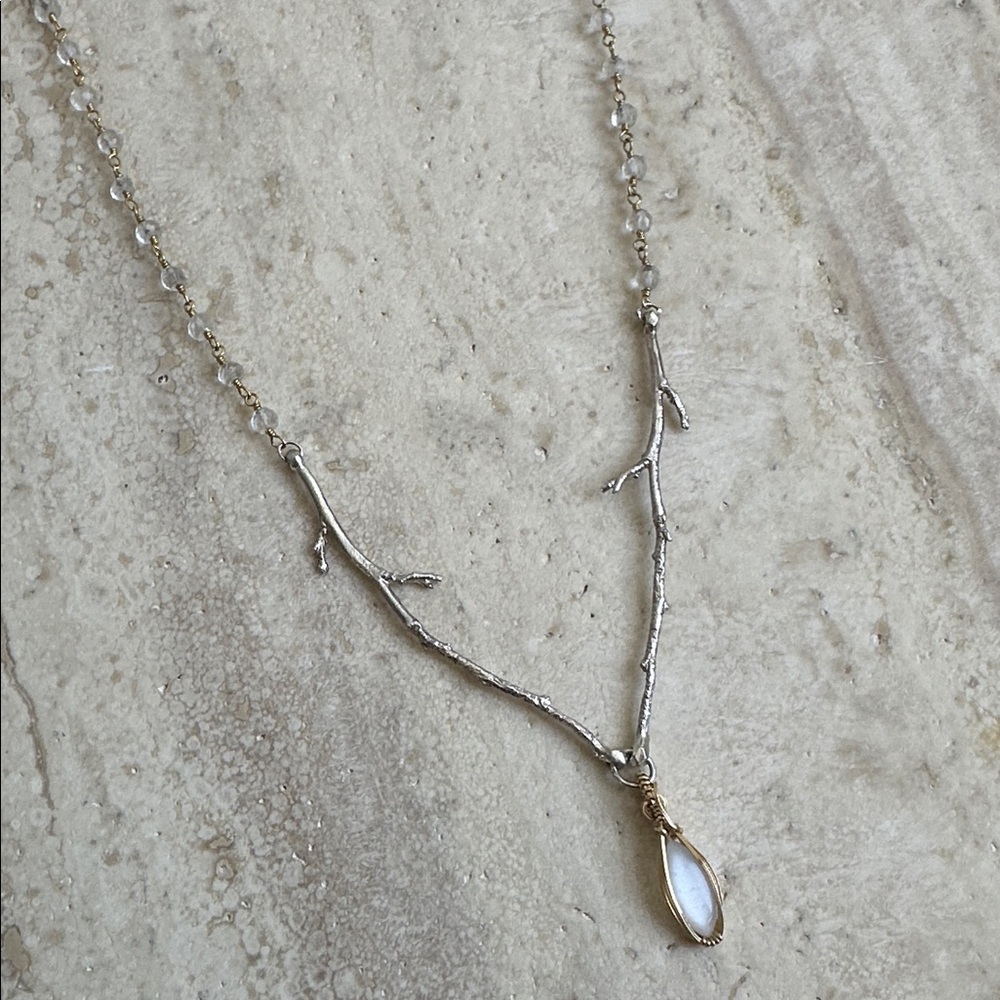 Sterling Silver & 14k Gold Fill Nature Branch Cast and Moonstone Necklace